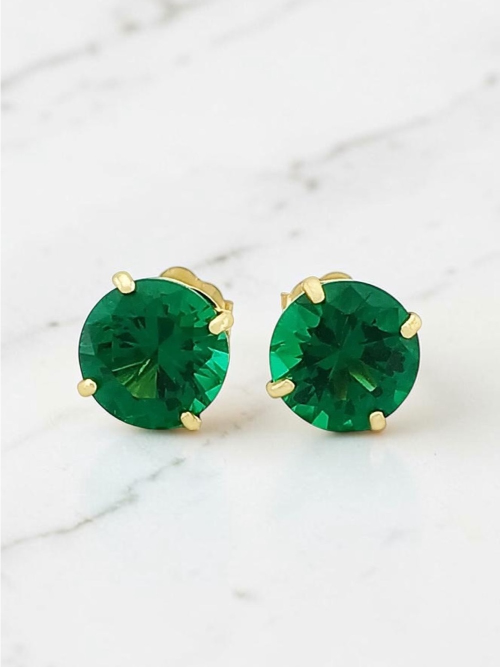 Solid 14K Yellow Gold Lab Created Emerald Studs 6mm Round 1.70ctw Green NWT